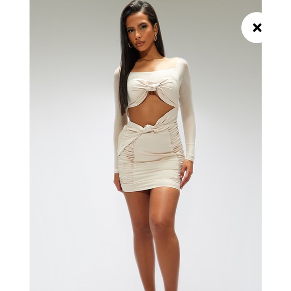 NWT PLT Cream Satin Bardot Twist Front Cut Out Bodycon Dress - Picture 2 of 8